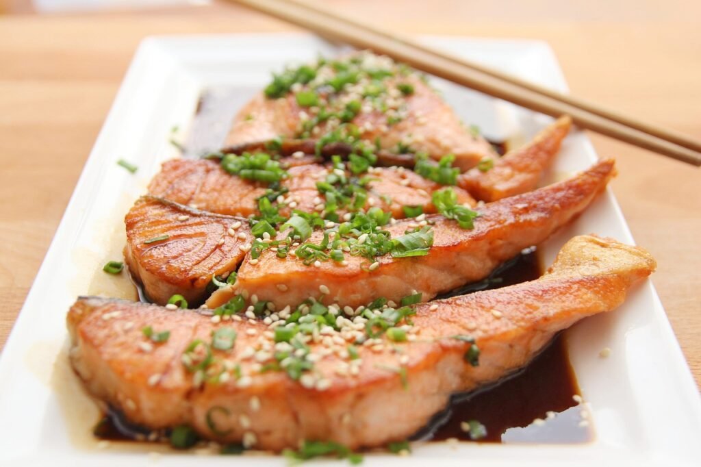 Tray of  savory sesame salmon
